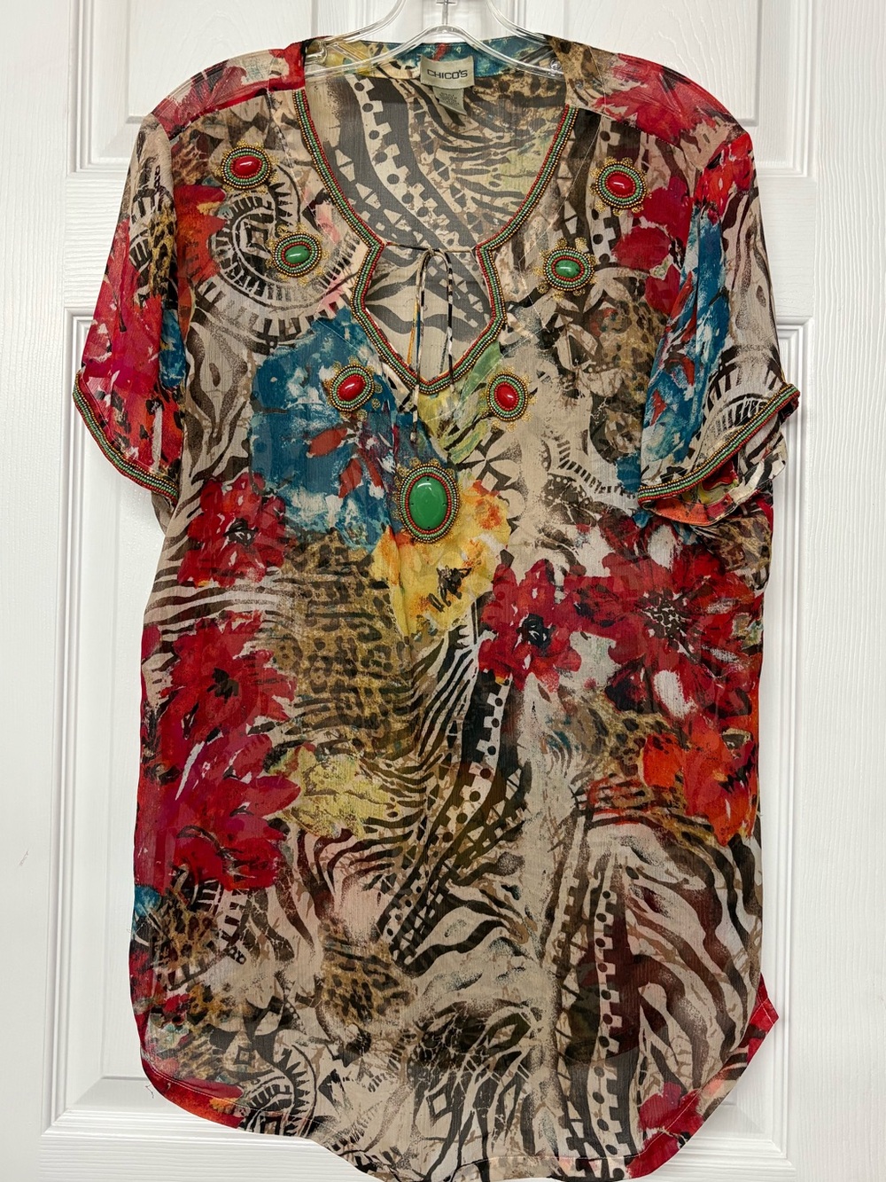 Chico's Silk Blouse Beaded Mixed Multi Print Sheer Artsy Tropical Top Sz 1 (M)